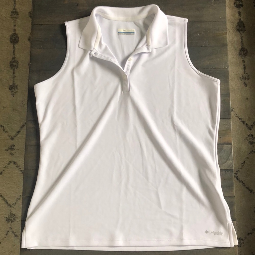 White Columbia sleeveless collared shirt.